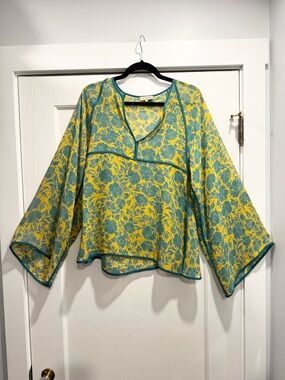 ETRO Italy 100% Silk Wide Sleeve Floral Blouse Yellow Medium Sheer Summer Boho